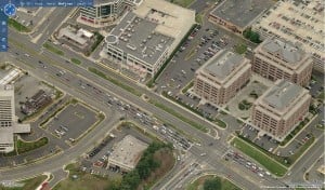 A satellite image of a typical Tyson’s corner road. (Image: Microsoft Virtual Earth via http://downtown-creator.net/page/2/)