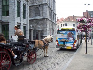 Varied Transport in Ghent, Belgium Ghent, Belgium - choice of bus, light rail, or horse.