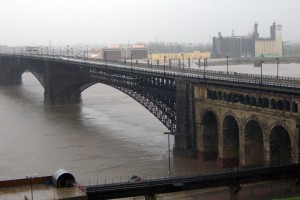 rain-metrolink A MetroLink train stays momentarily dry in the Eads Bridge. Pic taken today from the sixth floor of Metro Headquarters in Laclede's Landing.