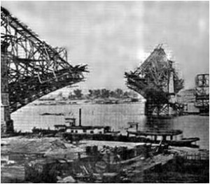An unfinished span of the Eads Bridge, during construction.