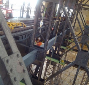 Installing scaffolding on the Eads Bridge