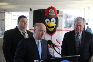 John Nations, Bi-State Development Agency/Metro President & CEO; David Dietzel, Chairman, Bi-State Development Agency/Metro Board of Commissioners; Ray Friem, Chief Operating Officer Transit Services; and Fredbird, St. Louis Cardinals Mascot.