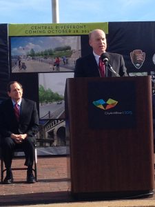 Bi-State Development Agency Leader John Nations speaks at the groundbreaking ceremony for the historic CityArchRiver 2015 project. Nations mentioned how proud the Agency is to celebrate and contribute its partnership to the coming development along the St. Louis Riverfront.