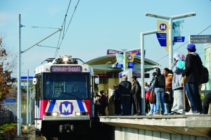 Passengers at the North Hanley MetroLink station on November 23, 2009.