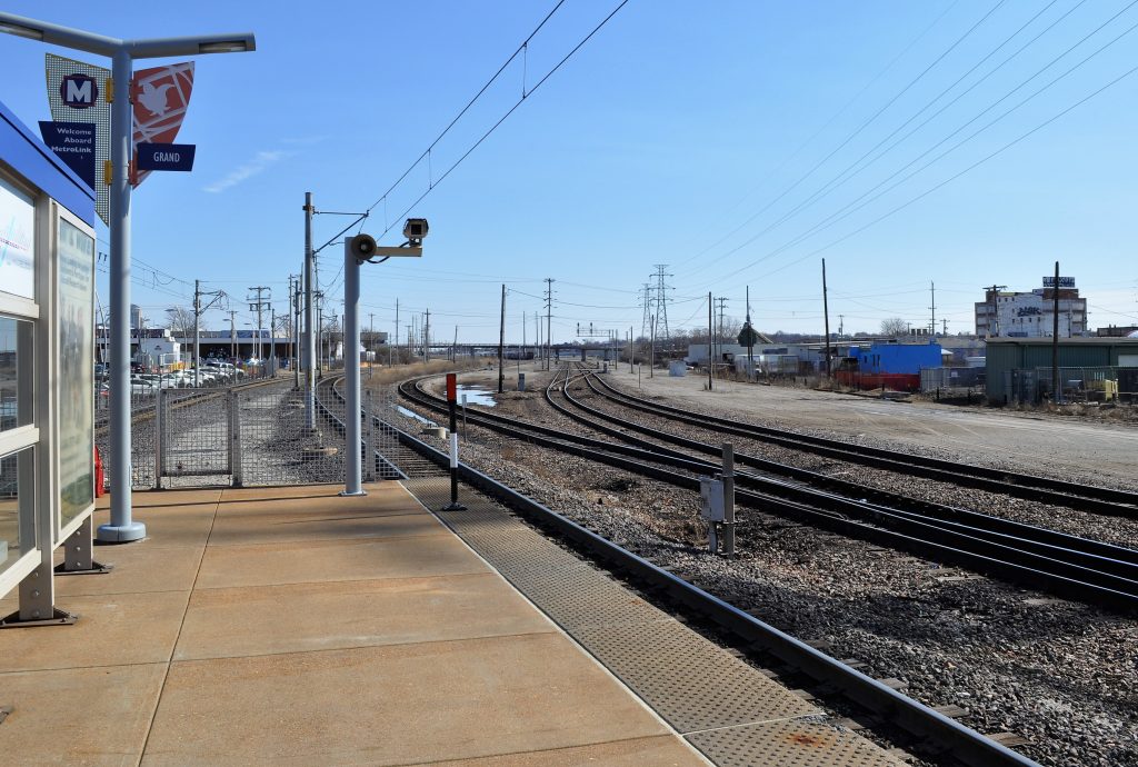 Building in the distance from Grand MetroLink Station platform