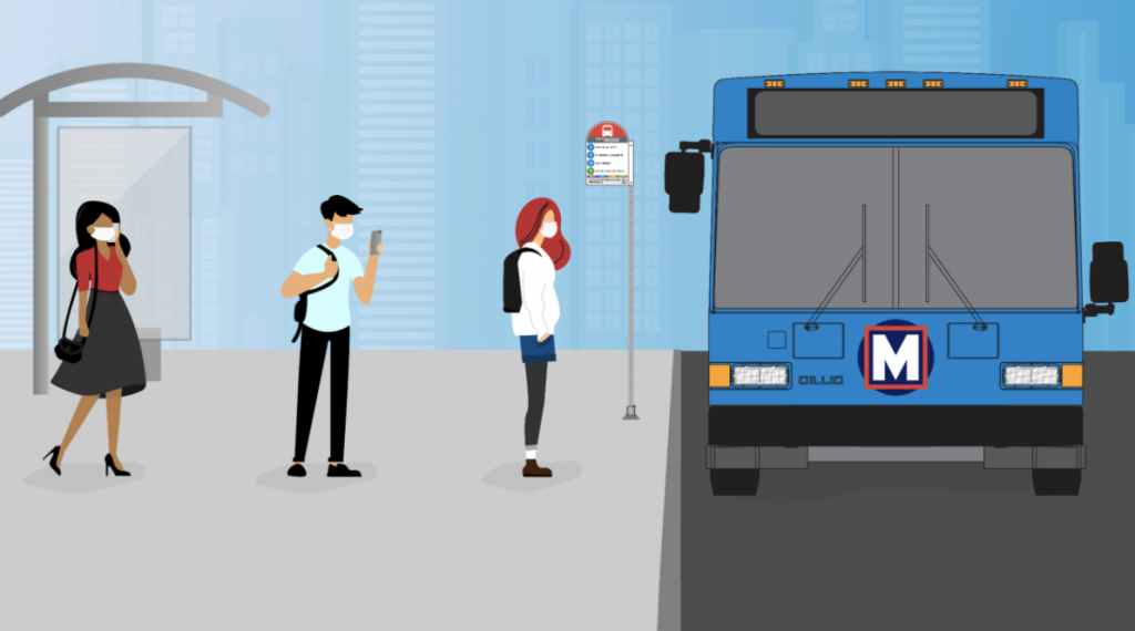 Illustration of riders waiting to get on MetroBus, wearing nose and mouth-covering masks