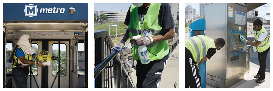 3 images of metro employees sanitizing vehicles and surfaces.