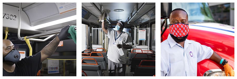 3 images of Metro employees cleaning transit vehicles and other safety measures.