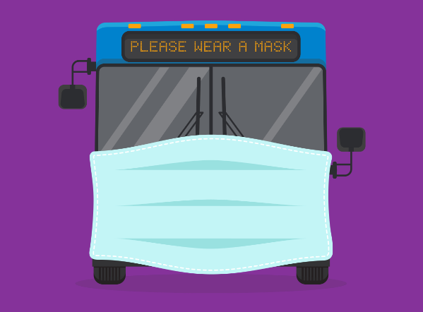 Illustration of MetroBus with a mask covering the front of it on a purple background. The bus headsign reads "Please Wear A Mask"