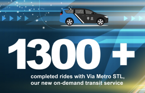 Graphic on blue and yellow background showing an illustration of the Via Metro STL car, with text that says "1300 + completed rides with Via Metro STL, our new on-demand transit service." The Via and Metro Transit logos are shown on the bottom right of the image. 