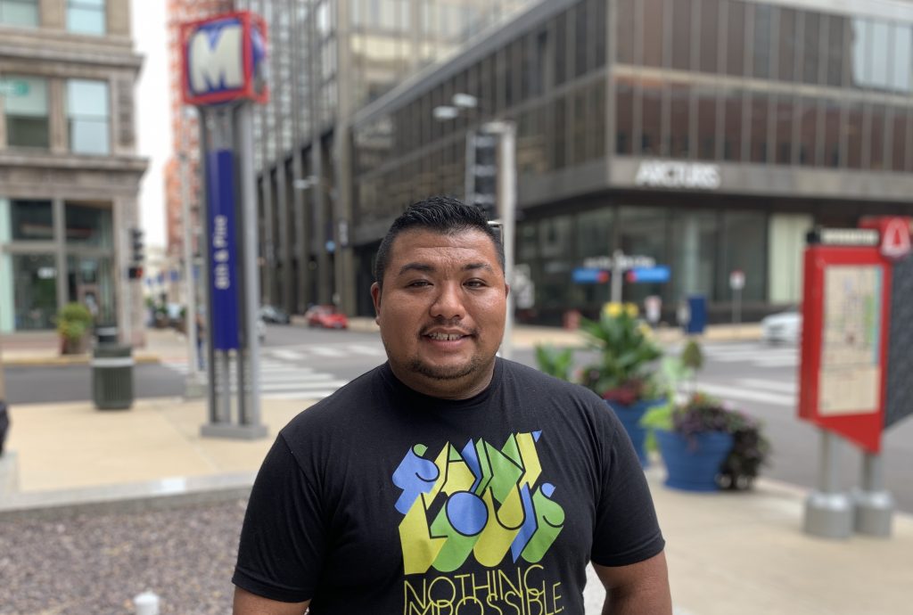 Image of passenger Shannon in front of the 8th and Pine MetroLink station