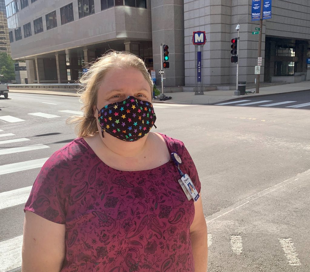 Image of team member Amy near the 8th and Pine MetroLink station