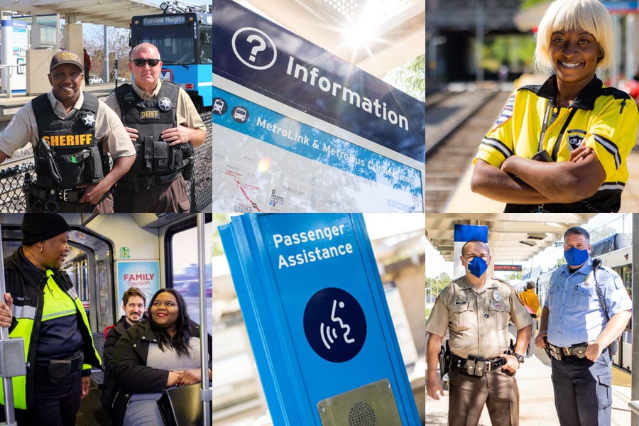A collage of image showing Metro security at stations along with signage 