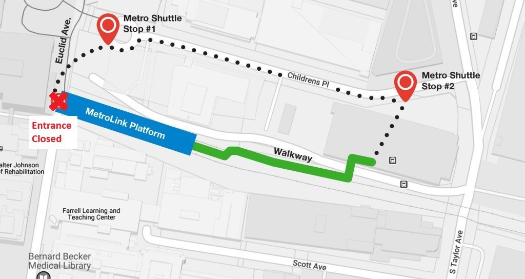 Central West End MetroLink Station entrance detour showing using Childrens Place and the east walkway to the MetroLink platform