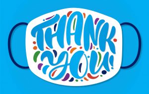 "Thank You" shown on a white mask on a blue background