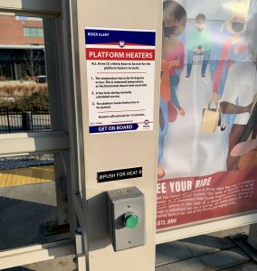 MetroLink platform heater signage with the green button