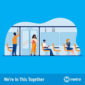 Illustration of 4 people on a MetroLink train wearing masks
