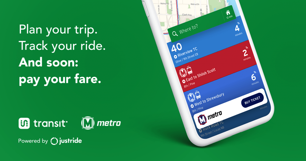 "Plan your trip. Track your ride. And soon: pay your fare" on a green background with a preview of the new mobile ticketing app shown on a smartphone