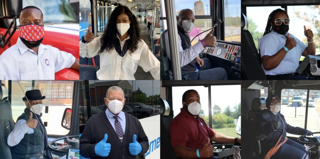 Collage of photos (2 rows of 4) showing our Operators smiling at the camera with face masks on