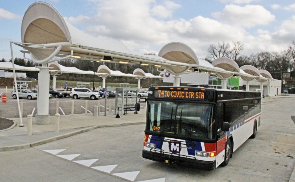 Image of bus #74 Florissant leaving North County Transit Center
