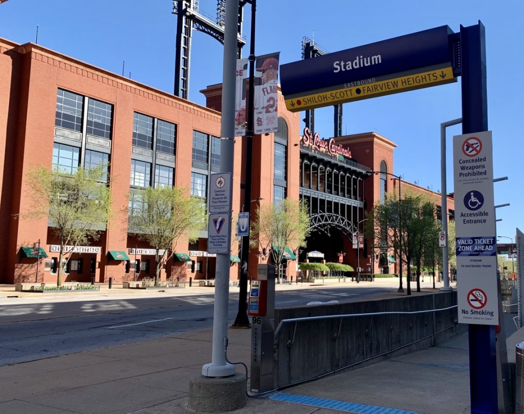 Image showing the entrance to the Stadium MetroLink Station with Busch Stadium in the backrgound