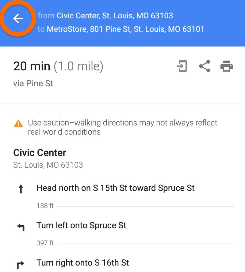 Screenshot of Google Maps on desktop showing where to click the back button to access more route options