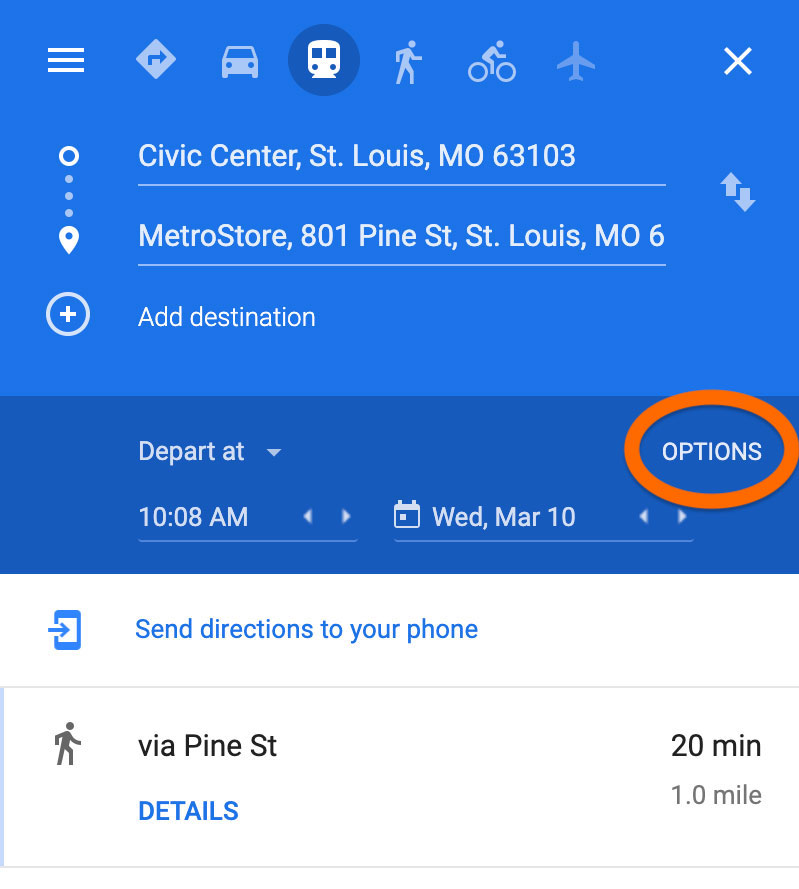 Screenshot of Google Maps on desktop showing where to click for more route options