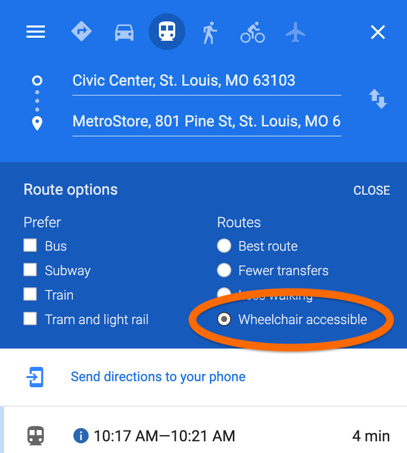 Screenshot of Google Maps on desktop showing where to click for wheelchair accessible route options