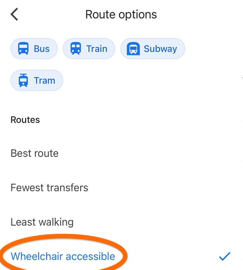 Screenshot of the Google Maps mobile application showing where to click for wheelchair accessible route options