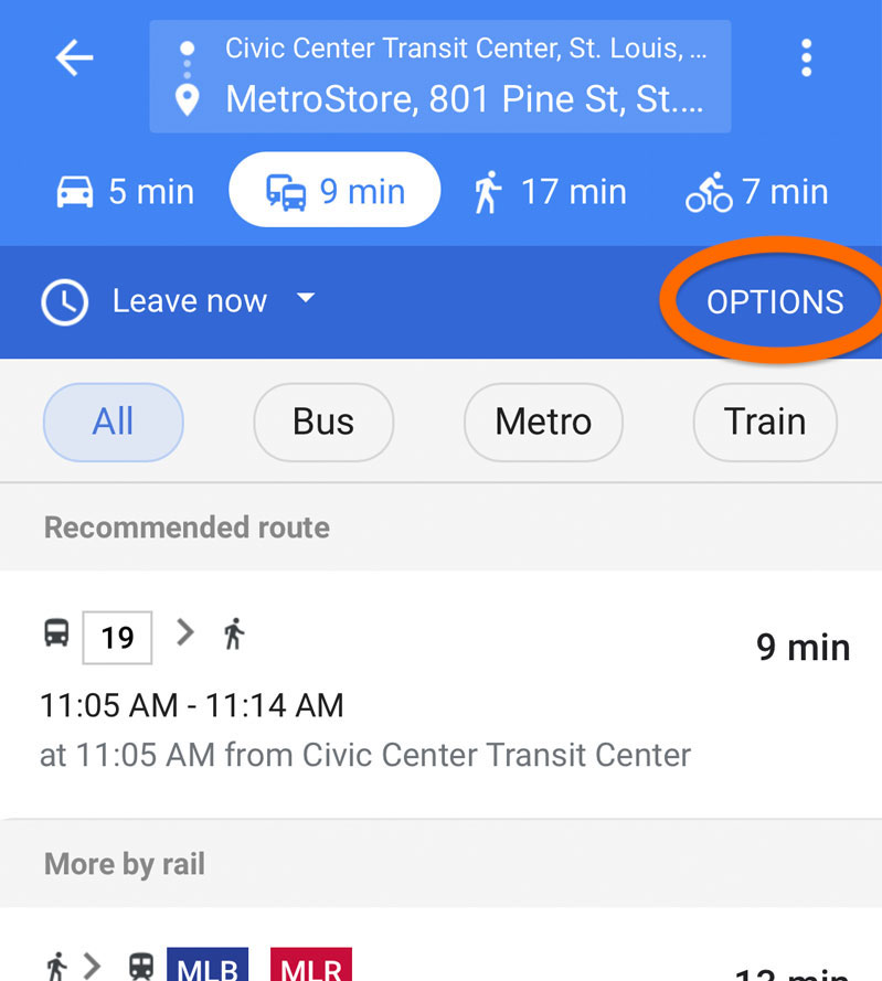 Screenshot of Google Maps in a mobile browser showing where to click for more route options