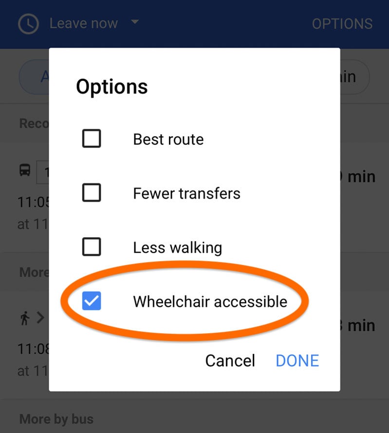 Screenshot of Google Maps in a mobile browser showing where to click for wheelchair accessible route options