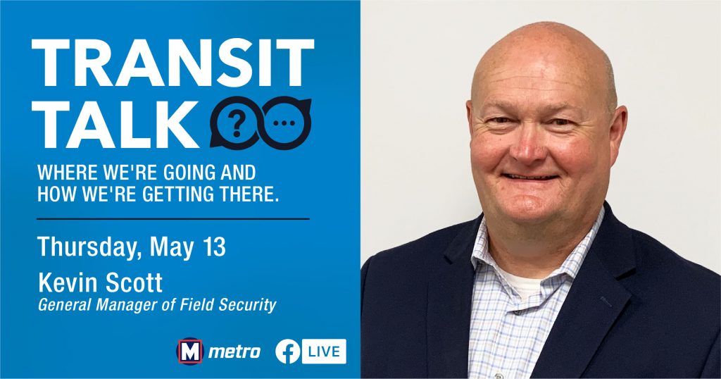 Transit Talk Facebook Live promo graphic, showing a headshot of Kevin Scott and the date of the event (May 13)