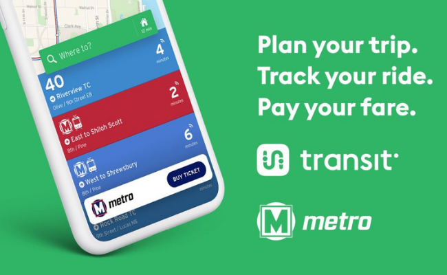 Green background with a smartphone on the left side showing the Transit app. The text on the right says 