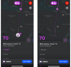 Image showing two screenshots from the Transit app to compare what it looks like when a scheduled bus is in service and when it is not in service