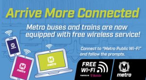 Blue graphic announcing Free Wi-Fi is now on Metro Transit