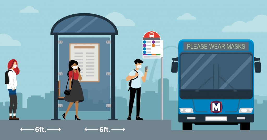 Illustration showing three people standing at a bus stop while a MetroBus pulls up; all are wearing masks
