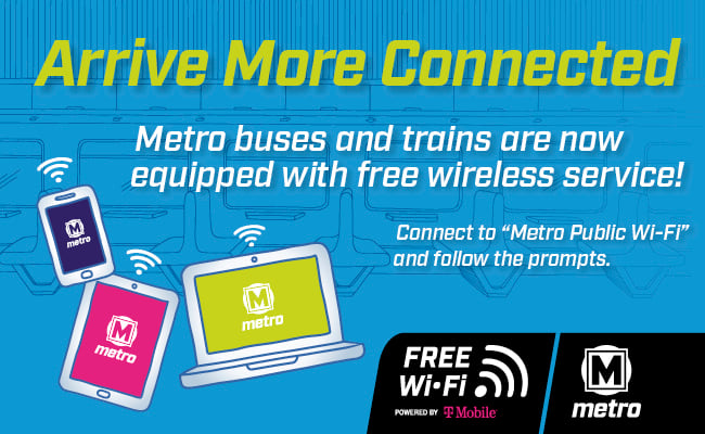 Blue graphic announcing Free Wi-Fi is now on Metro Transit