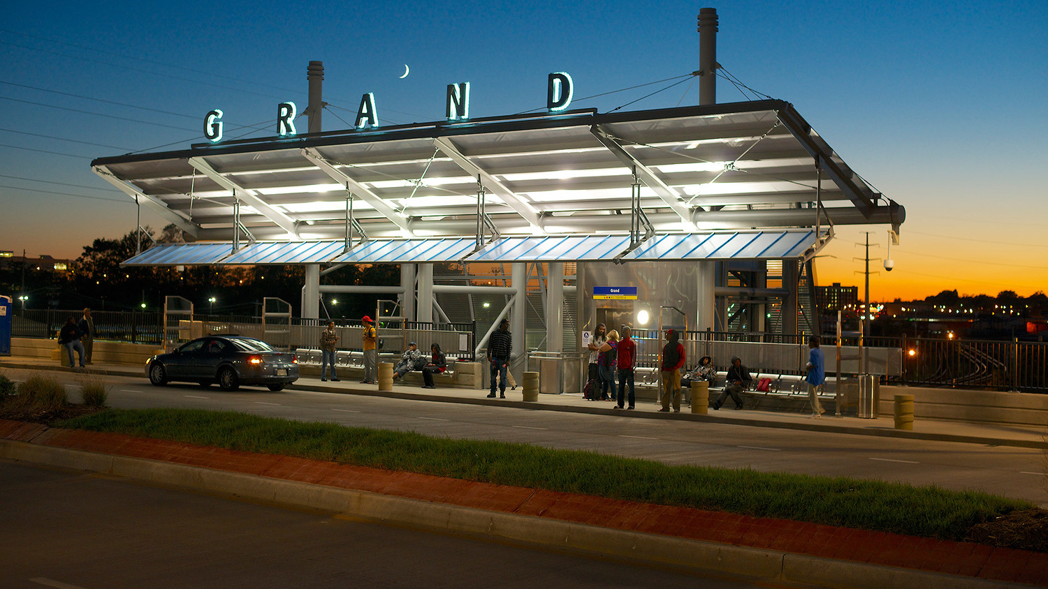 Scott Transit Center on the new Grand Boulevard Bridge at dusk.