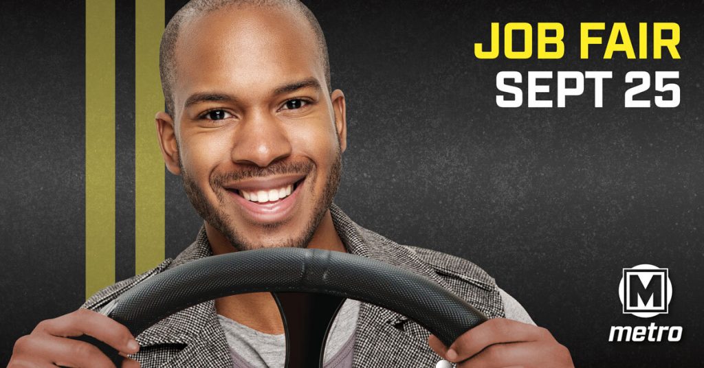 Ad promoting the Metro job fair on September 25, 2021 - man sitting behind the wheel of a vehicle