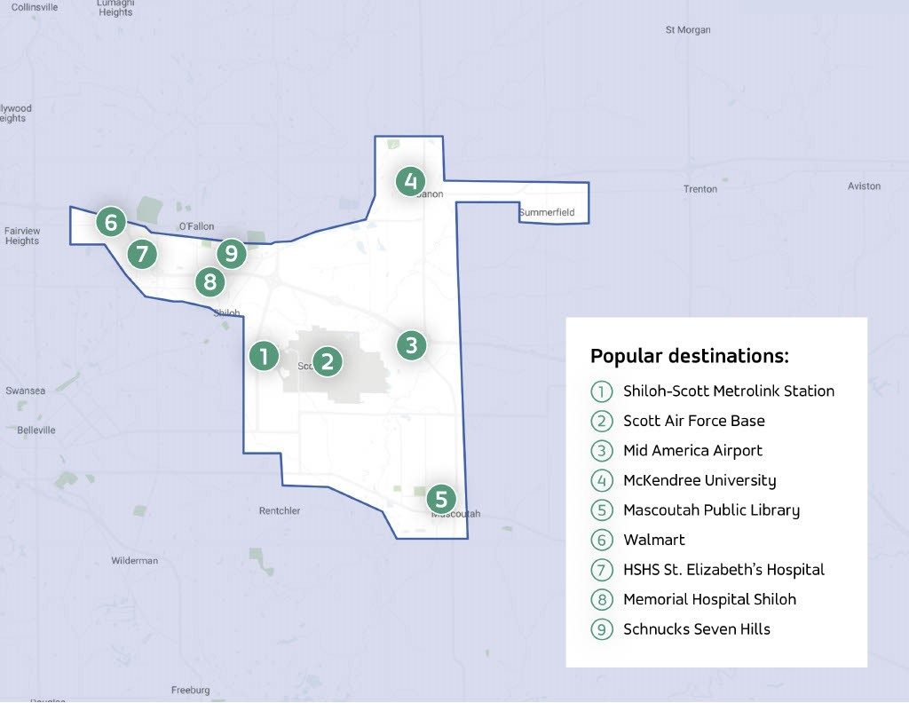 SCCTD VanGo service area, showing MidAmerica Airport, Shiloh-Scott MetroLink Station, as well as parts of Mascoutah and Lebanon.