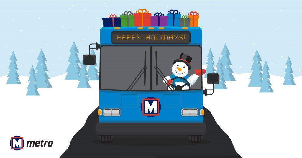 Illustration of MetroBus being driven by a snowman, with presents on the top of the bus