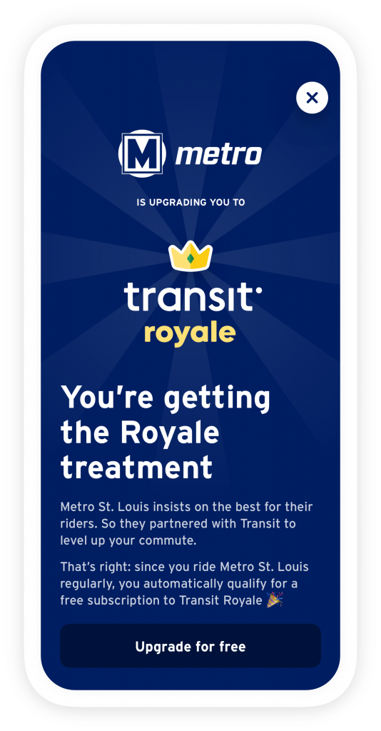 Screenshot from the Transit app showing the screen announcing the Transit Royale upgrade