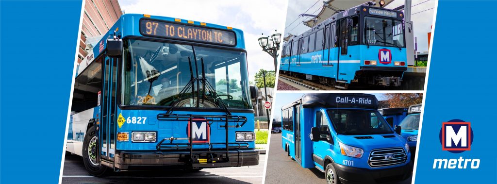 Collage showing a MetroBus, MetroLink train, and Metro Call-A-Ride van on a blue background with a Metro logo on the bottom right