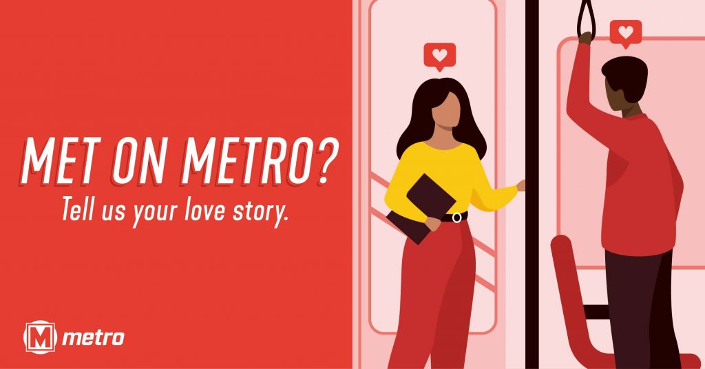 Red graphic for Met on Metro 2022 campaign showing an illustration of two riders on Metro with heart icons above them