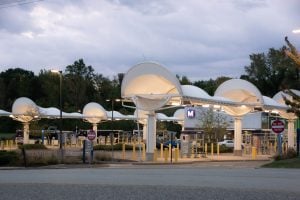 Photo of the North County Transit Center at dusk