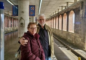 Transit Riders Ed and Nancy standing at the Laclede's Landing MetroLink Station