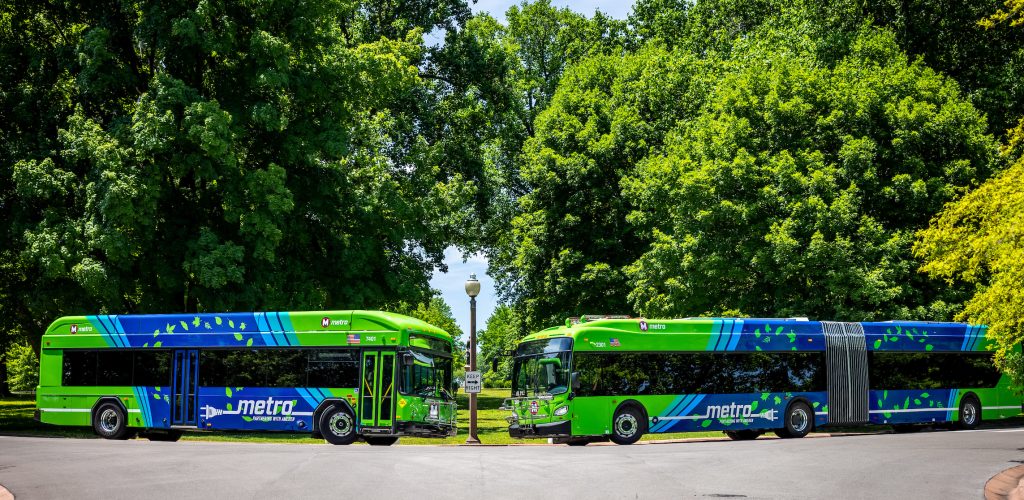 An articulated electric bus and an electric bus face each other in a roundabout in Tower Grove Park. Trees appear in the background.