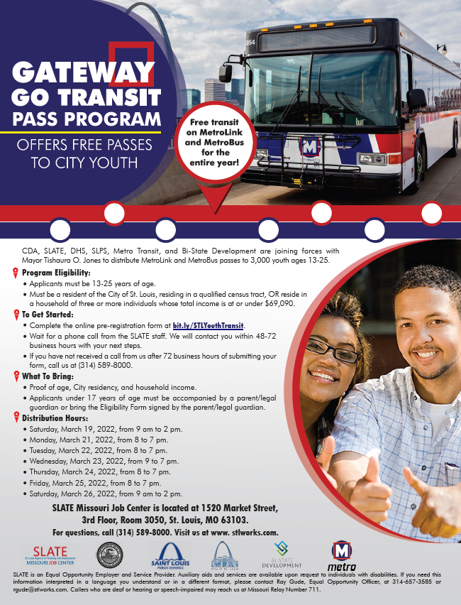 Flyer showing details of Gateway Go Transit Program through the City of St. Louis