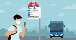Illustration showing a man standing at a bus stop while a MetroBus pulls up. The man is wearing a mask
