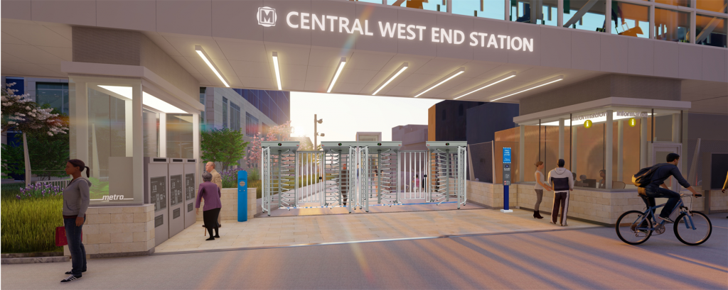 A conceptual rendering of the Secure Platform Plan showing the Central West End Station with a controlled access system. This may not reflect the final design of the Secure Platform Plan.